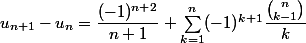 u_{n+1}-u_n=\dfrac{(-1)^{n+2}}{n+1}+\sum_{k=1}^n(-1)^{k+1}\dfrac{\binom{n}{k-1}}{k}
